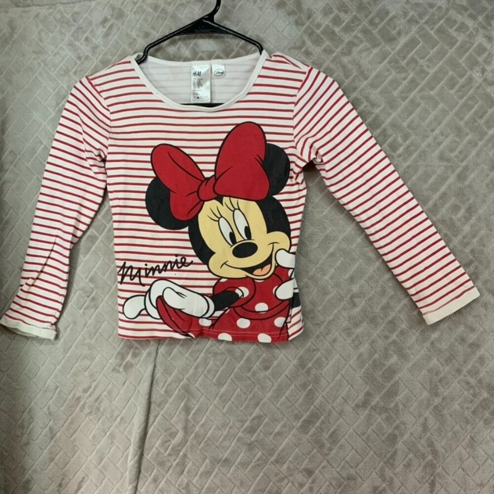 H&M Disney Girls 6 T Shirt White Red Minnie Mouse Graphic Print Long Sleeve